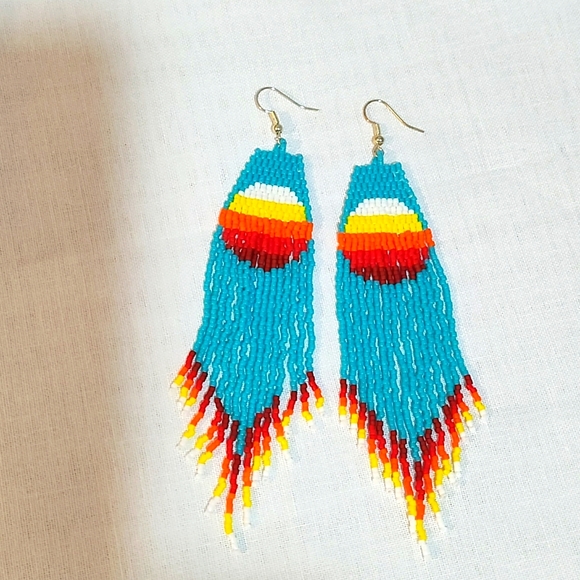 Handmade beaded turquoise native sun earrings with fringe - Picture 3 of 4